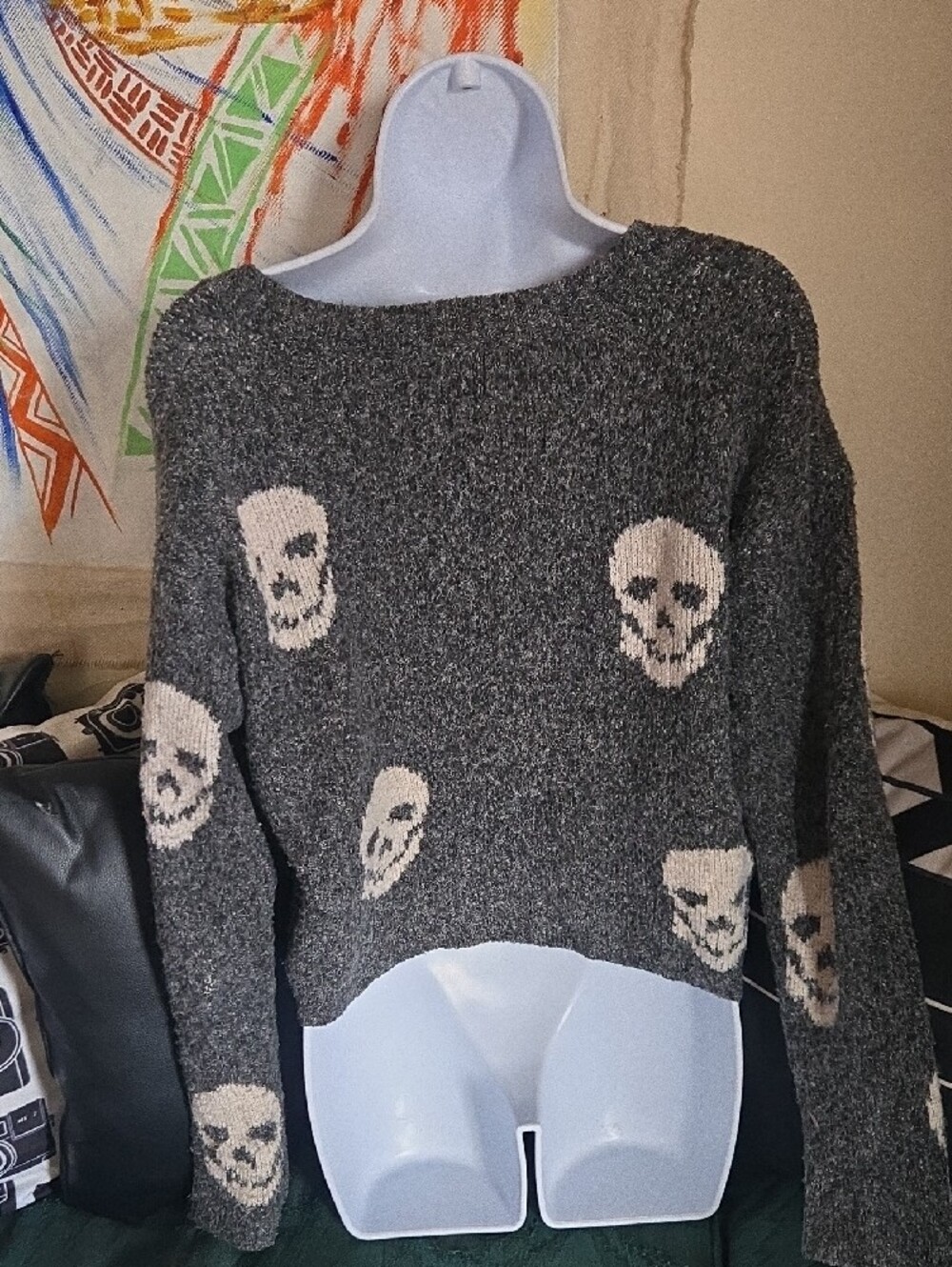 Pink Rose Charcoal Gray Crewneck Sweater with Cream Skull Motif - Picture 3 of 4